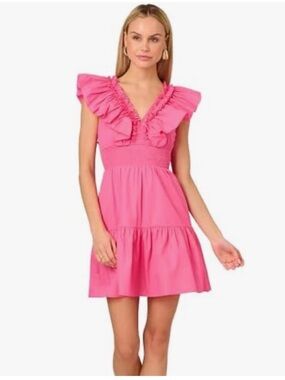 Adrianna Papell Pink Ruffle V-Neck Tiered Mini Dress